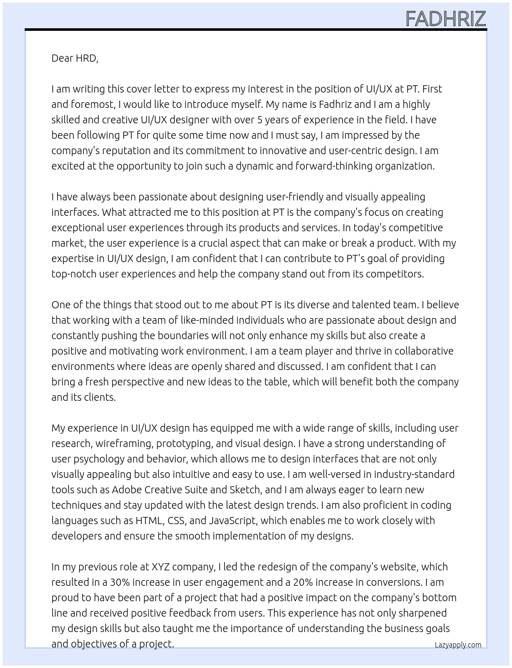 UI/UX At PT. Cover Letter