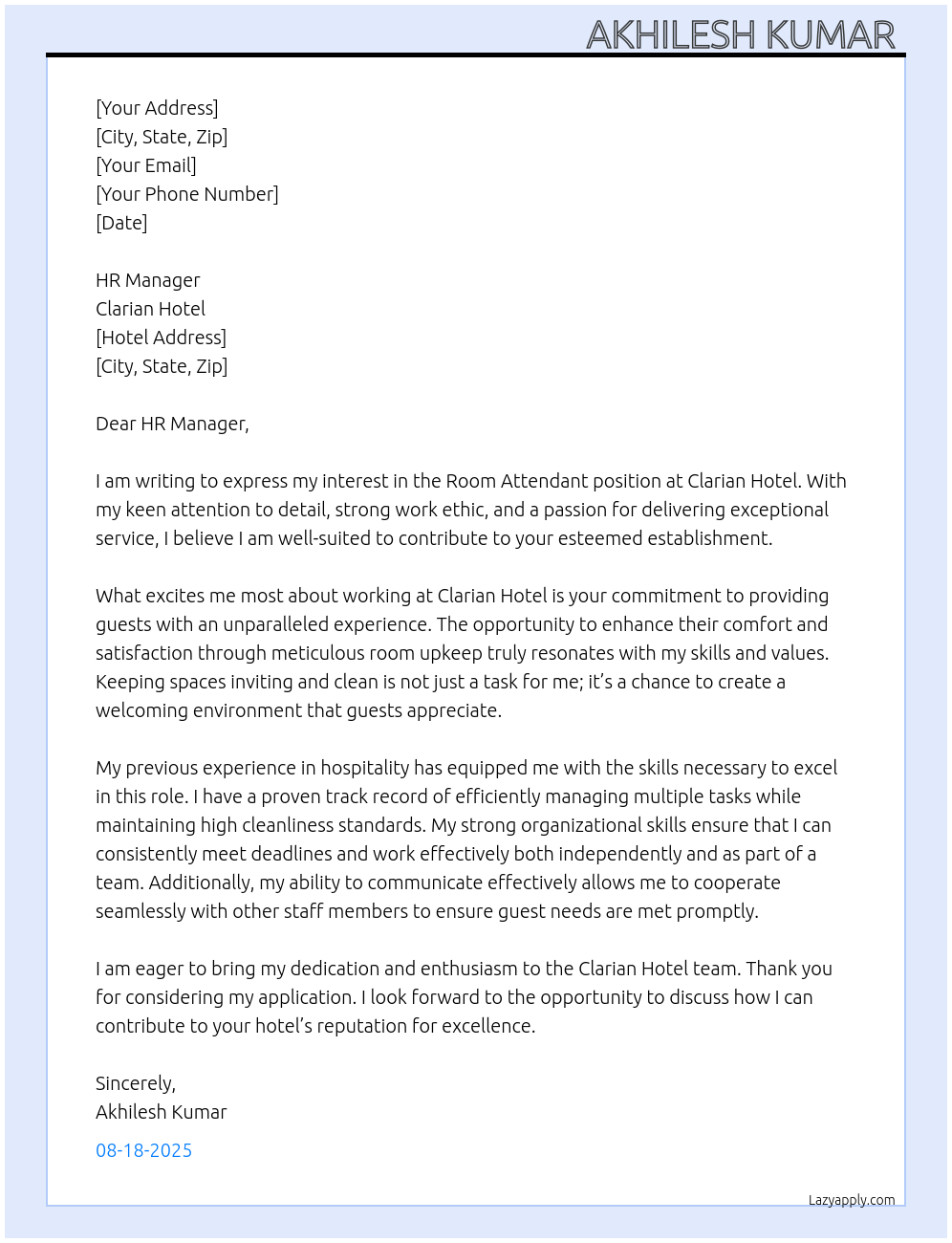 Room attendant  At Clarian hotel  Cover Letter