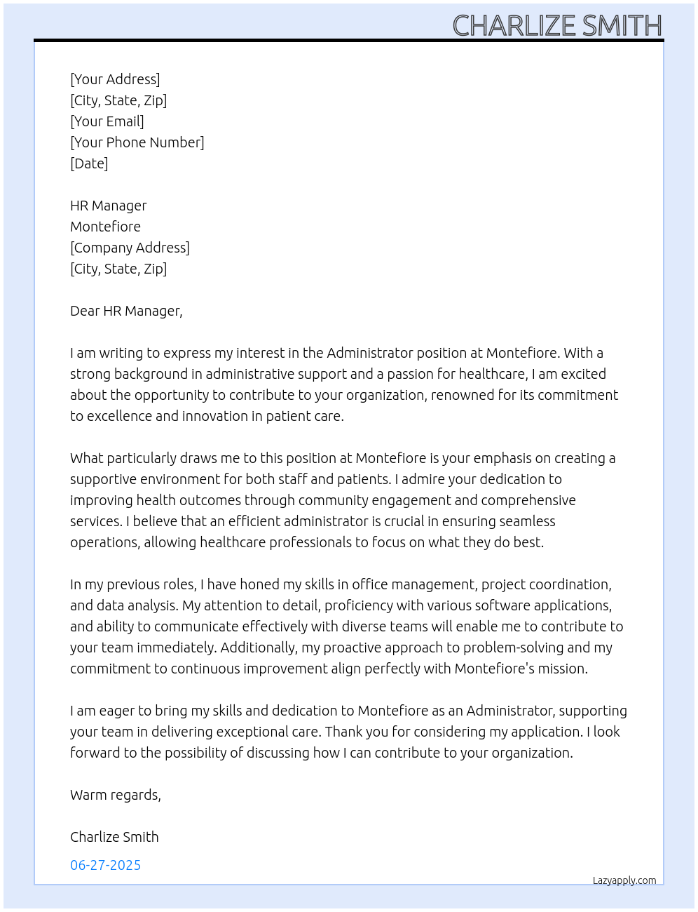 Administrator At Montefiore Cover Letter