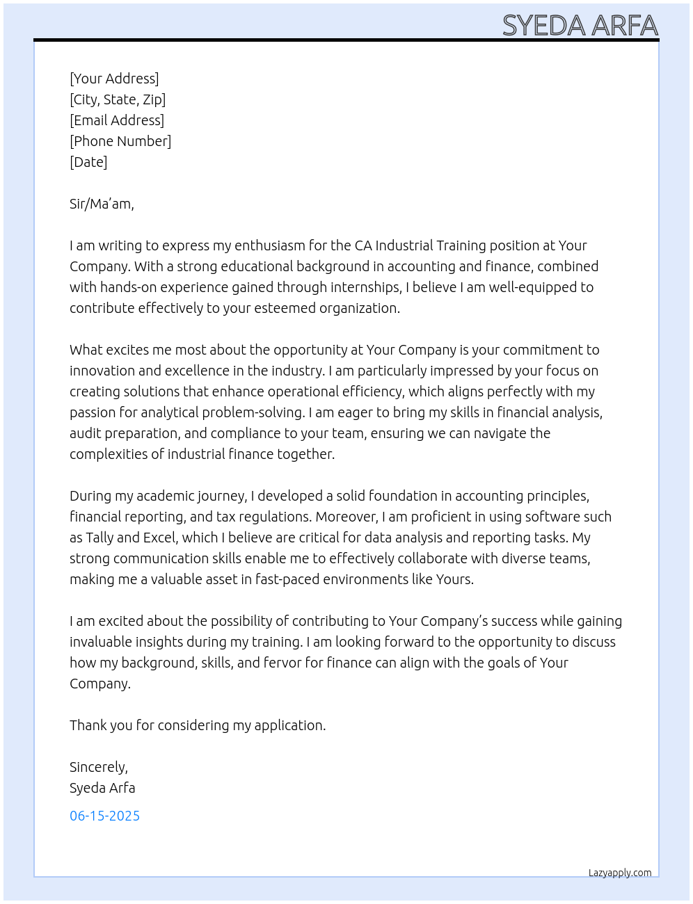 CA industrial Training At Your Company Cover Letter