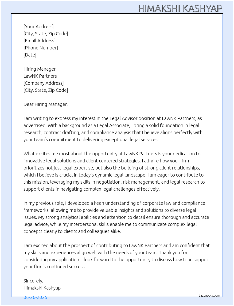 Legal Advisor At LawNK Partners Cover Letter