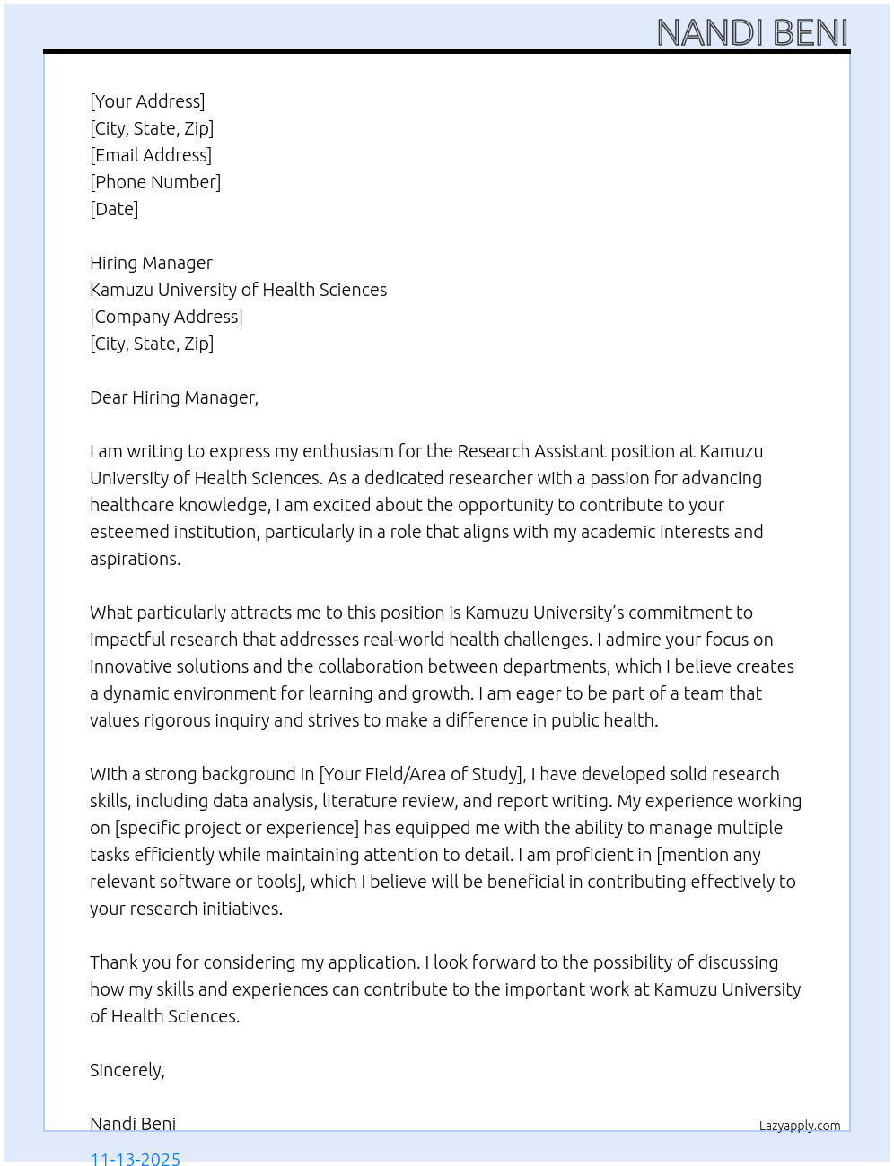 Cover letter for research assistant - LazyApply