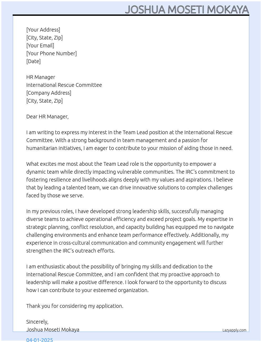 Team Lead At International Rescue Committee Cover Letter