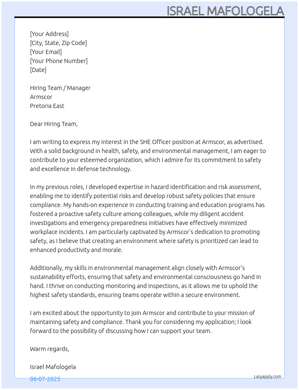 SHE Officer At Armscor - Pretotia East Cover Letter