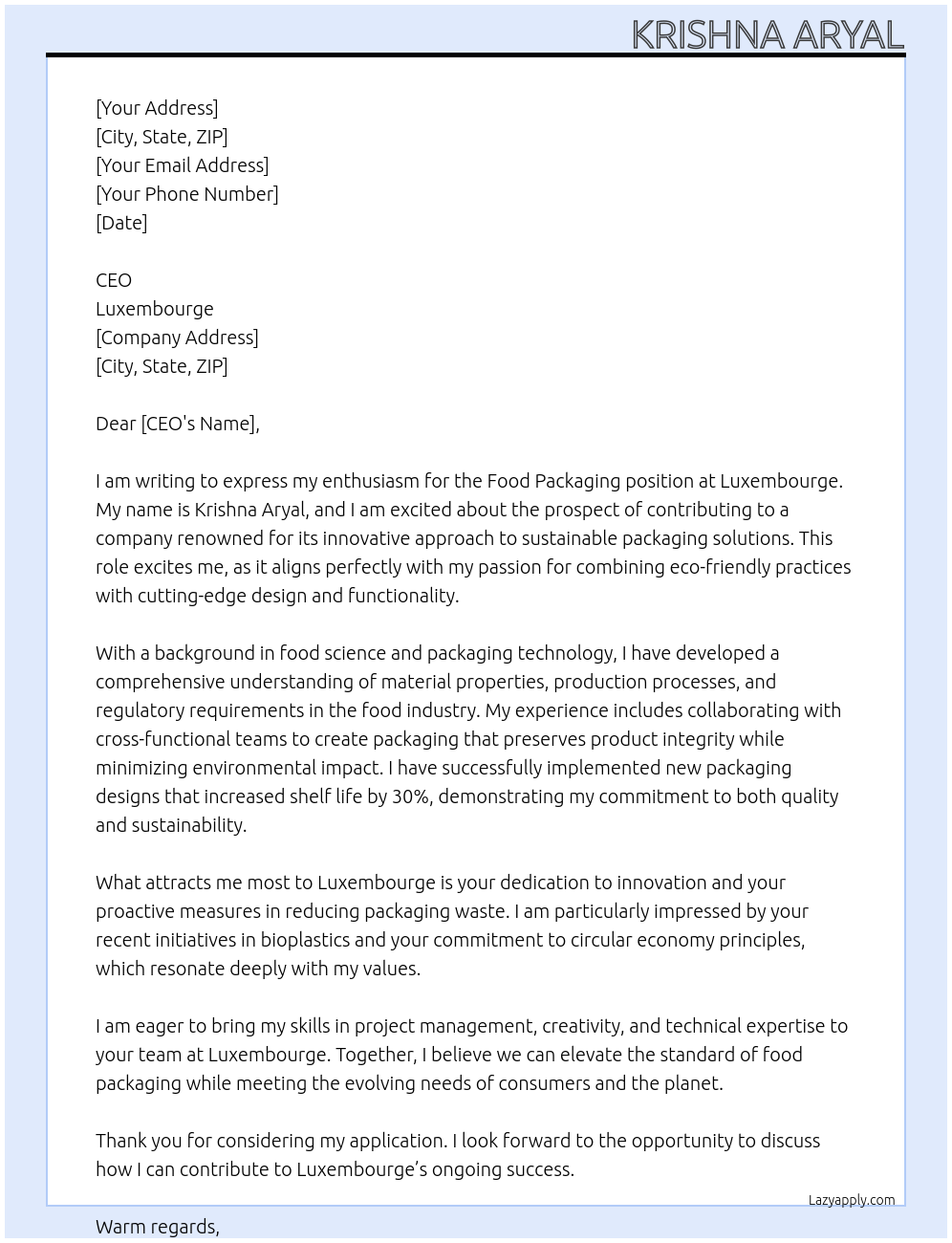 Cover letter for food packaging - LazyApply