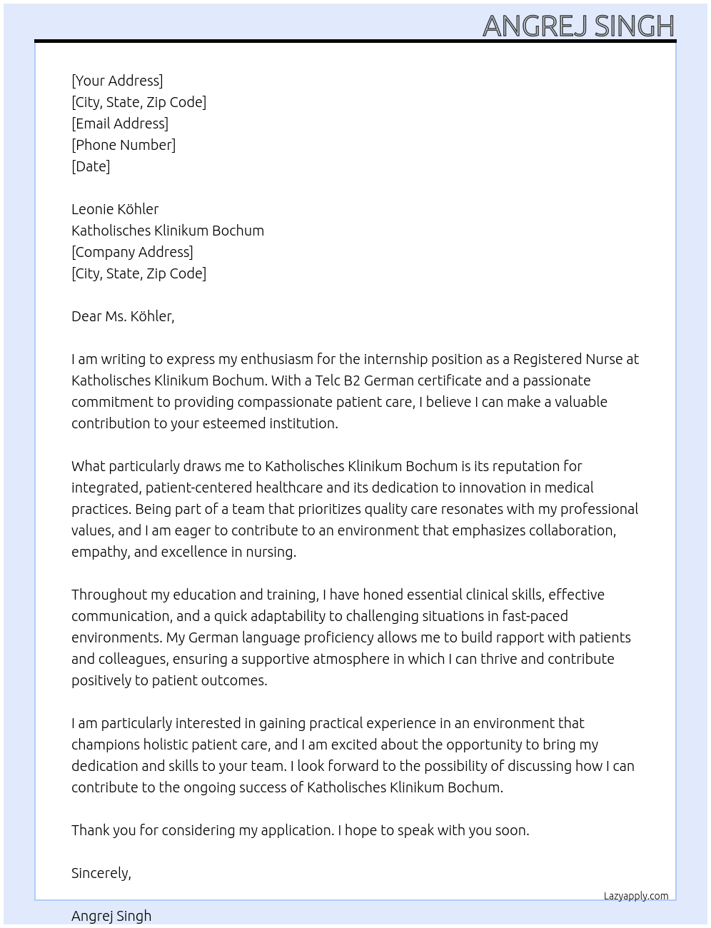 Registered nurse At Katholisches Klinikum Bochum Cover Letter