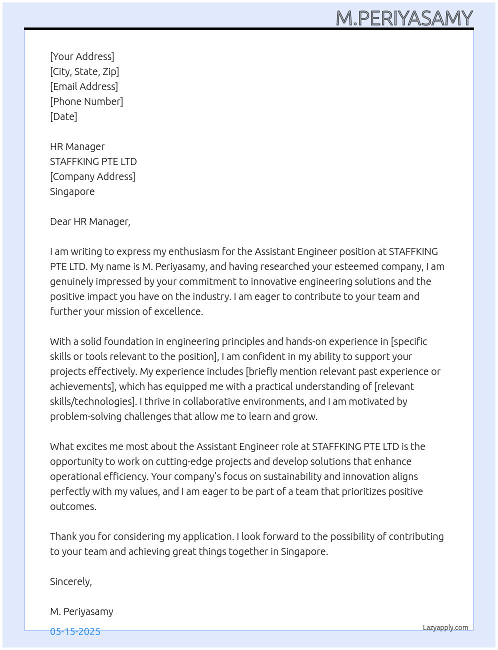 Assistant engineer At STAFFKING PTE LTD Cover Letter
