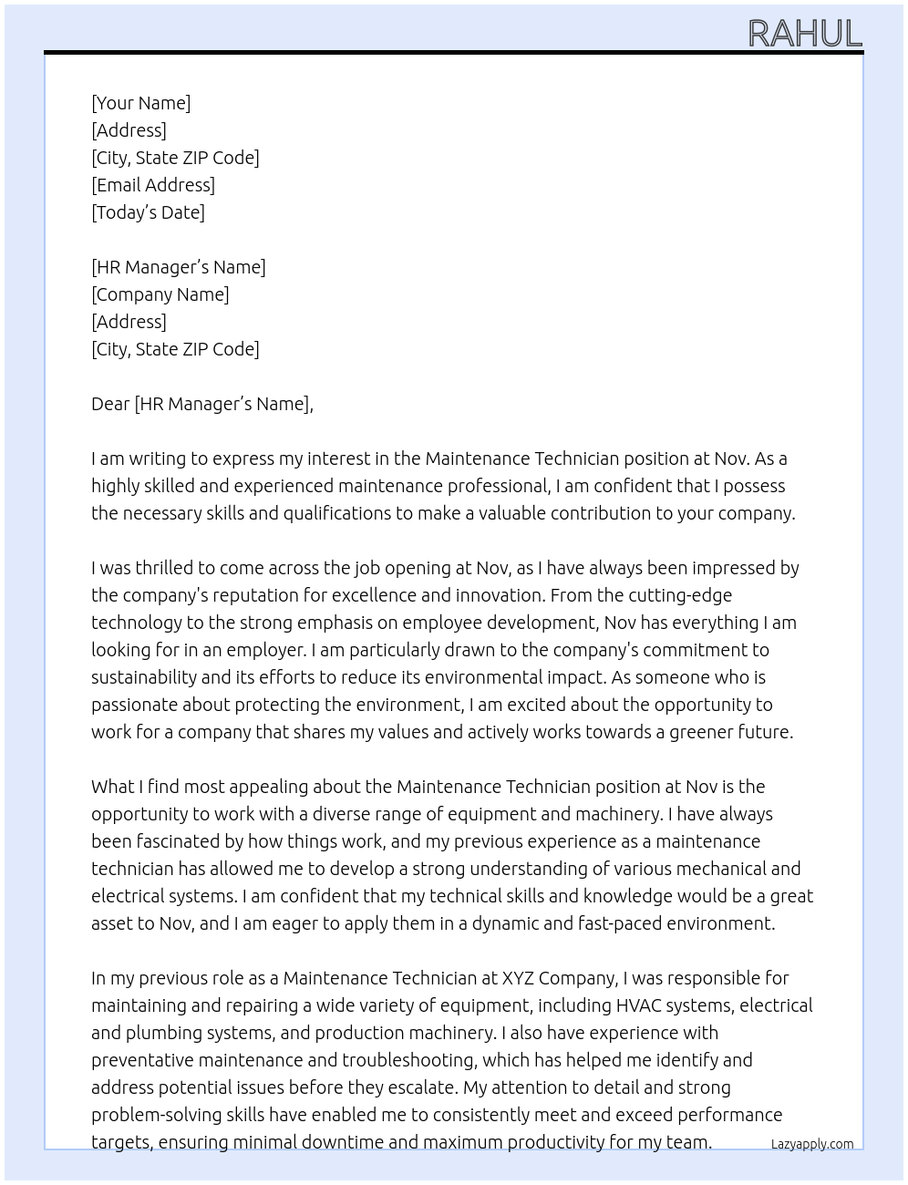 Maintenance technician At Nov Cover Letter