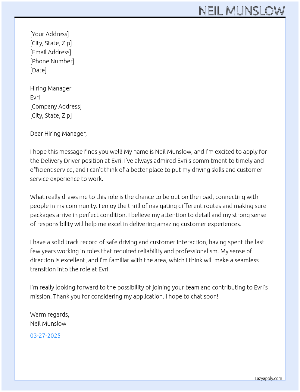 Delivery Driver At Evri Cover Letter