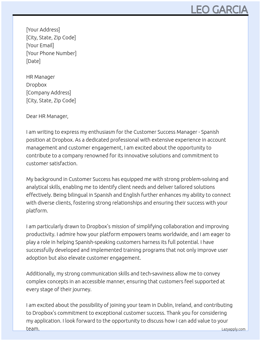 Customer Success Manager - Spanish At Dropbox Cover Letter