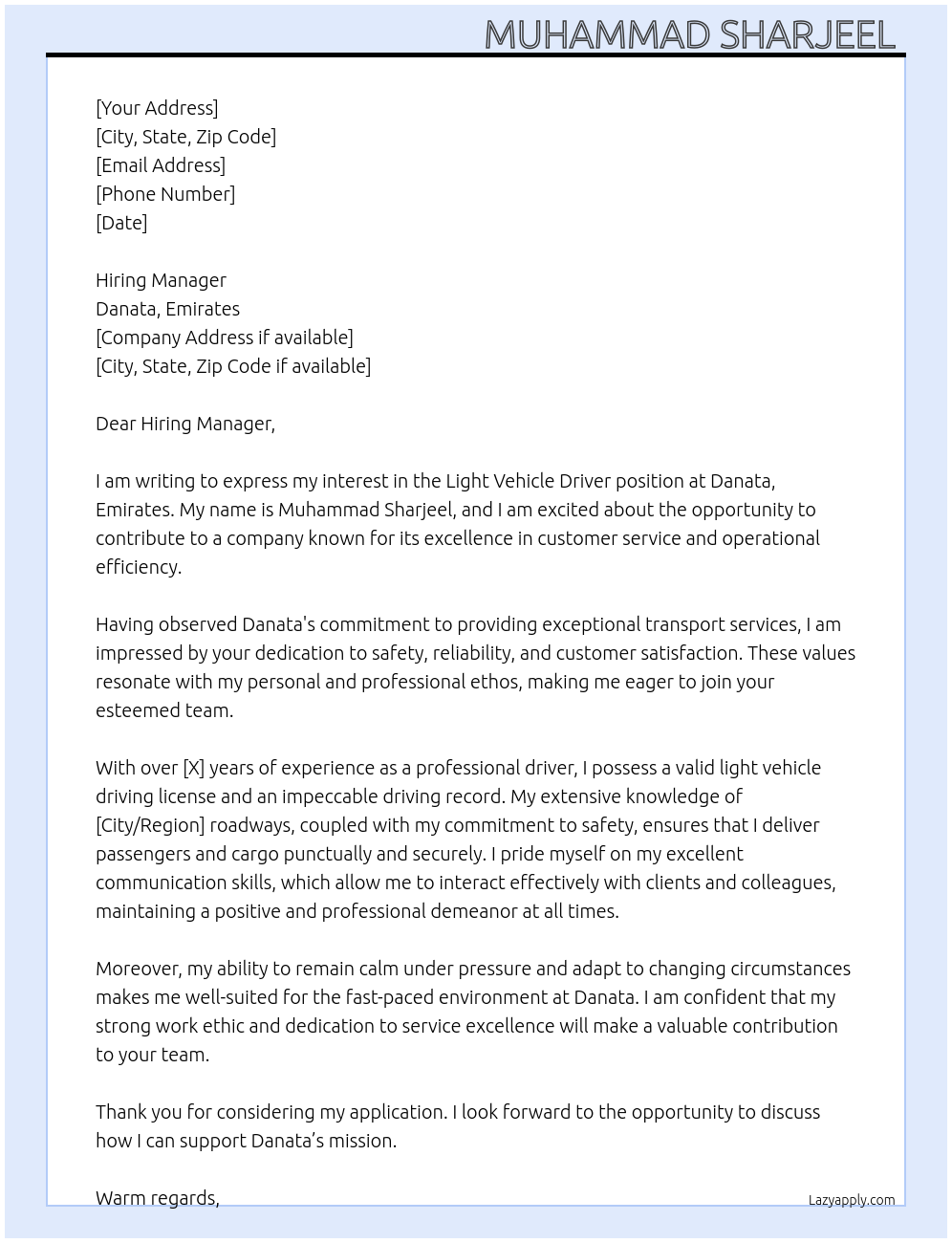 Light Vehicle driver At Danata, Emirates Cover Letter