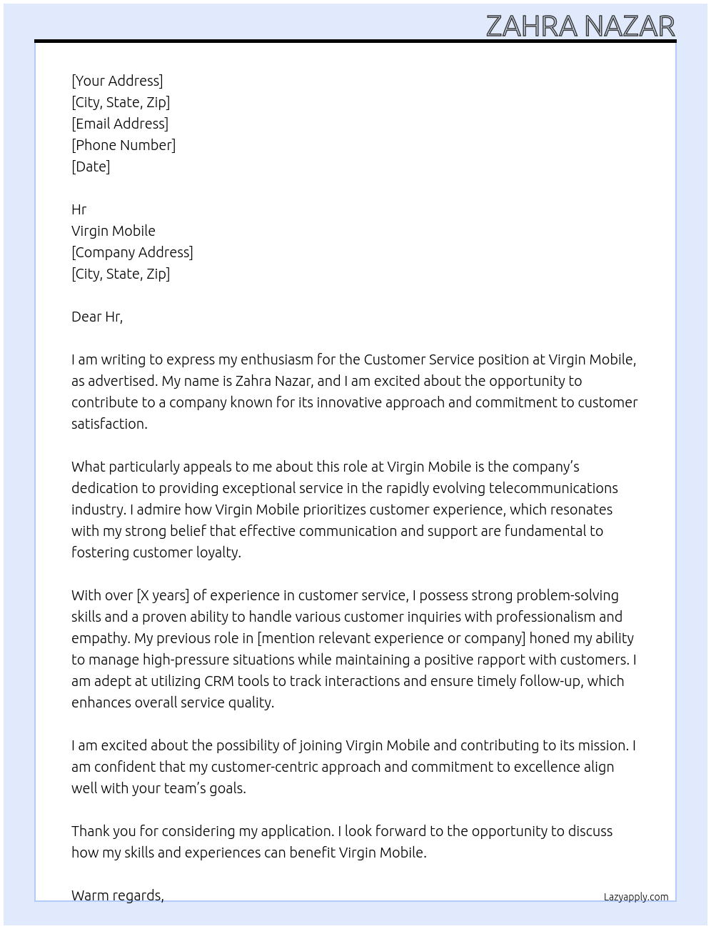 Customer service  At Virgin mobile  Cover Letter
