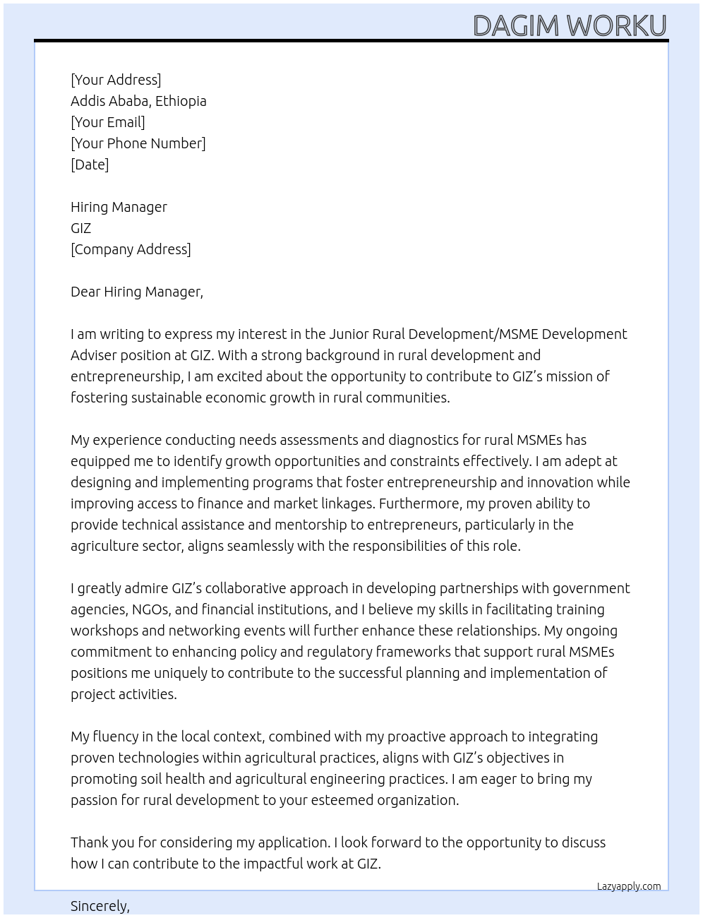 Junior Rural Development/MSME development Adviser At giz Cover Letter