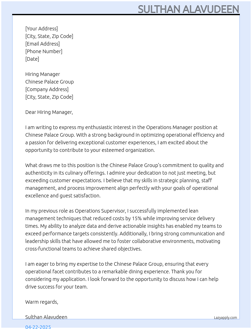 Operations manager At Chinese palace Group Cover Letter