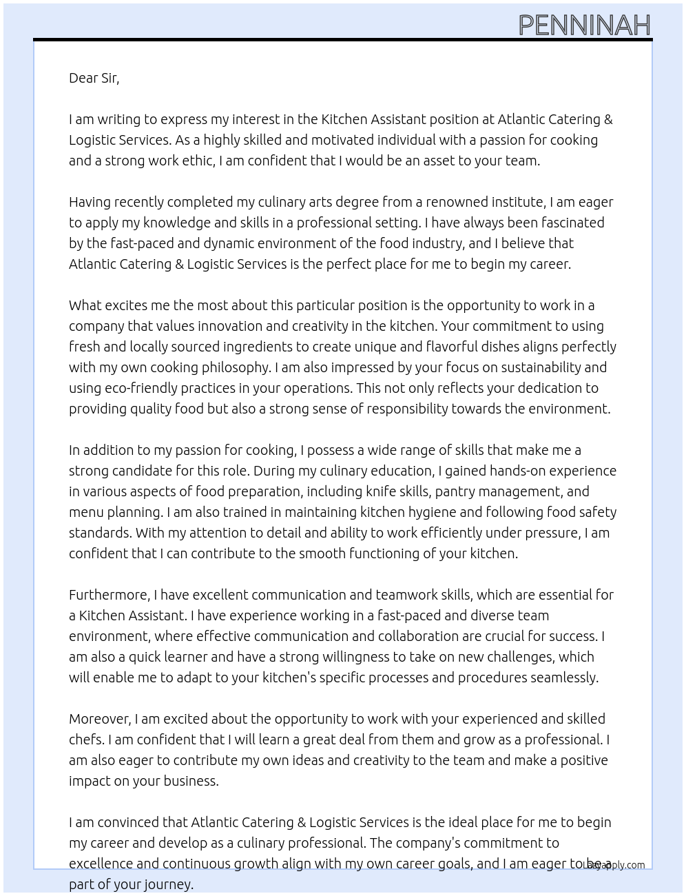 Kitchen Assistant At Atlantic Catering & Logistic Services Cover Letter
