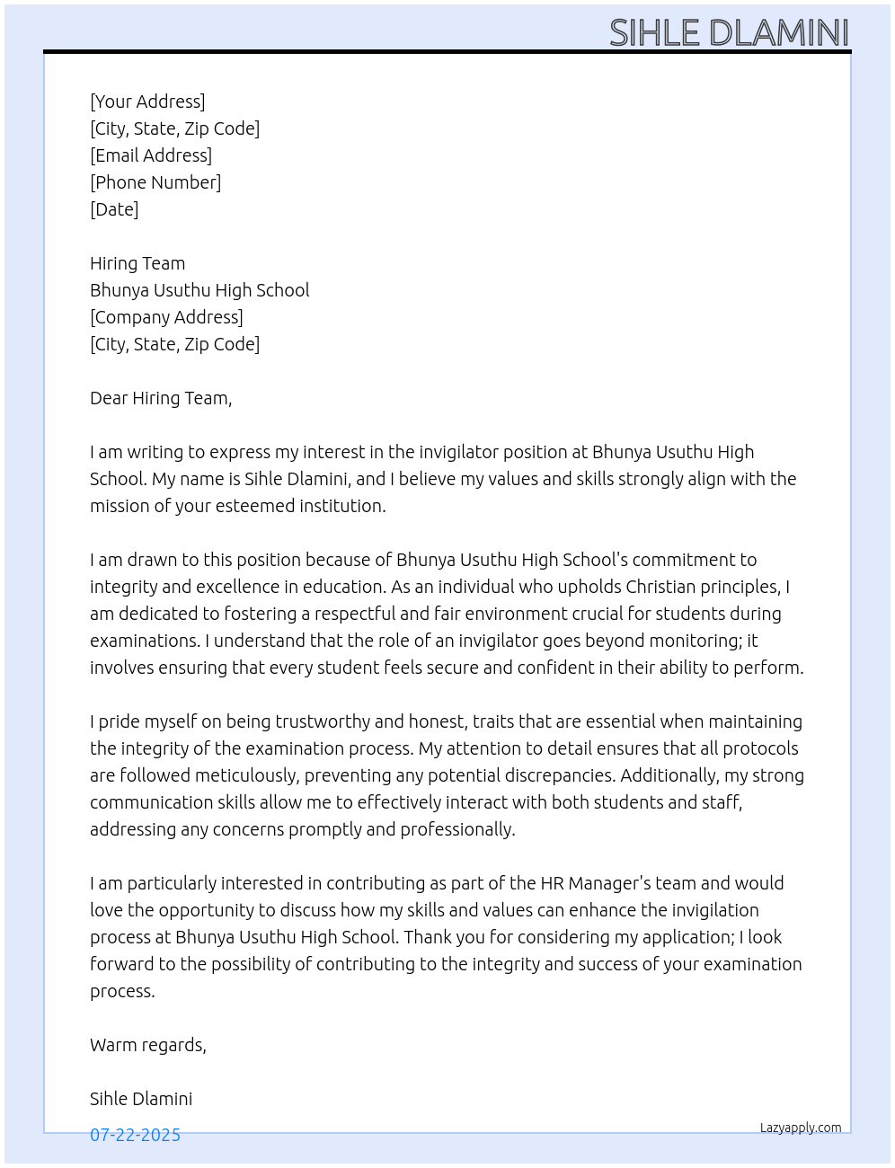 invigilator At Bhunya Usuthu High School Cover Letter