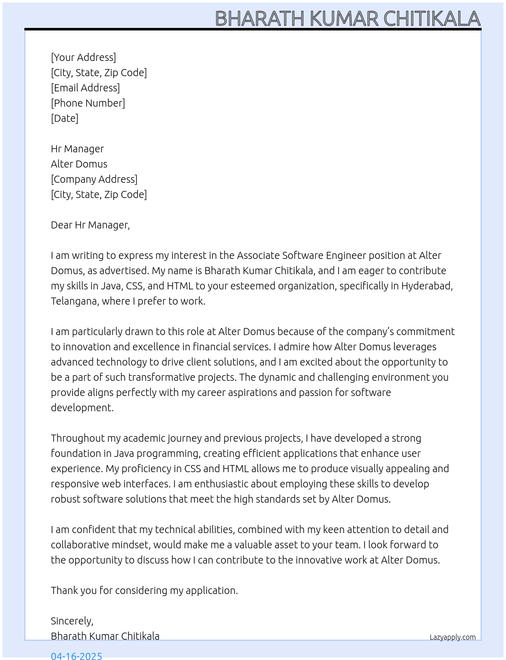 Associate Software Engineer At Alter Domus Cover Letter