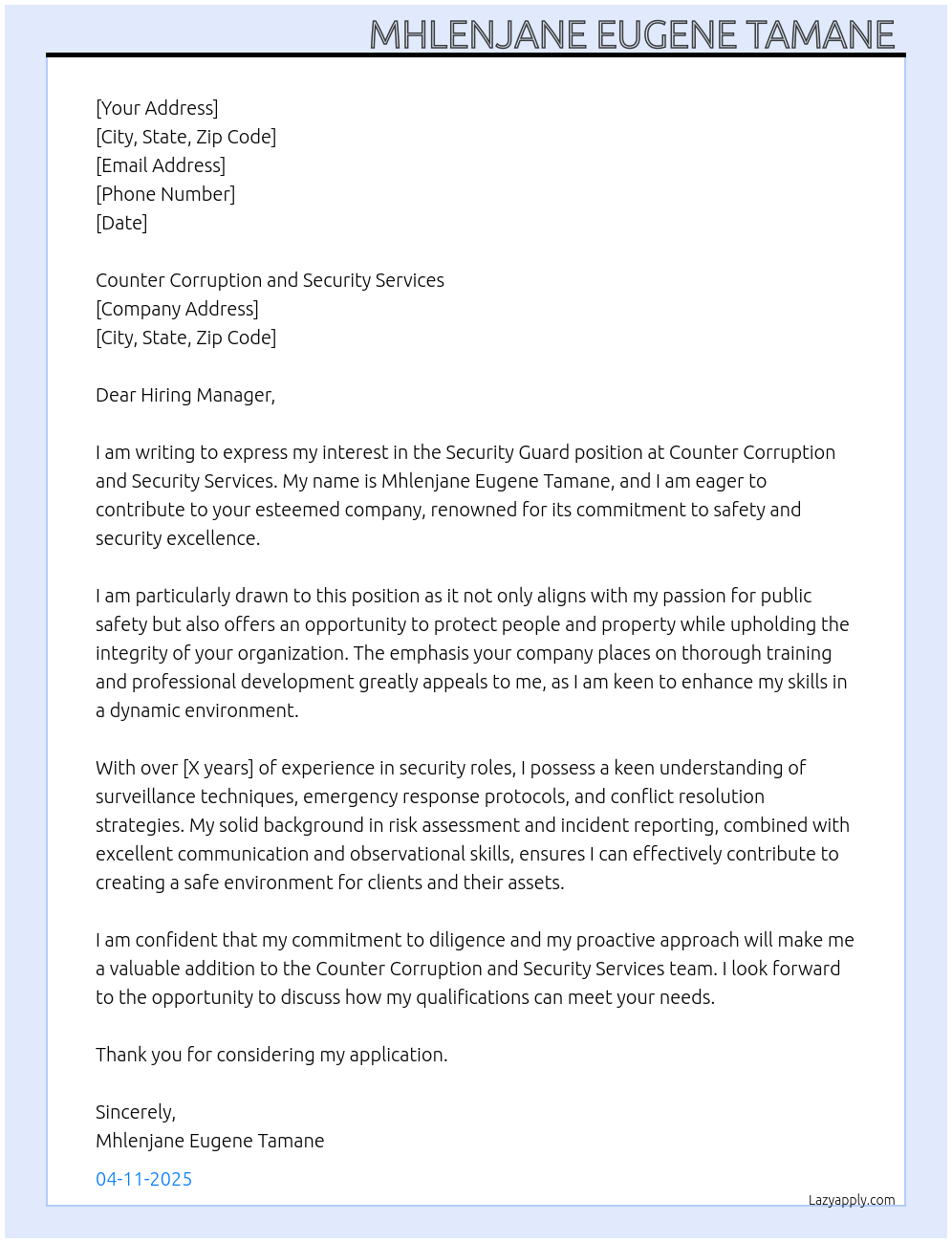 Security guard At Security guard Cover Letter