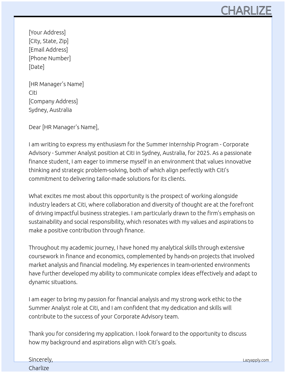 Summer Internship Program - Corporate Advisory - Summer Analyst, Sydney Australia (APAC) - 2025 At Citi Cover Letter