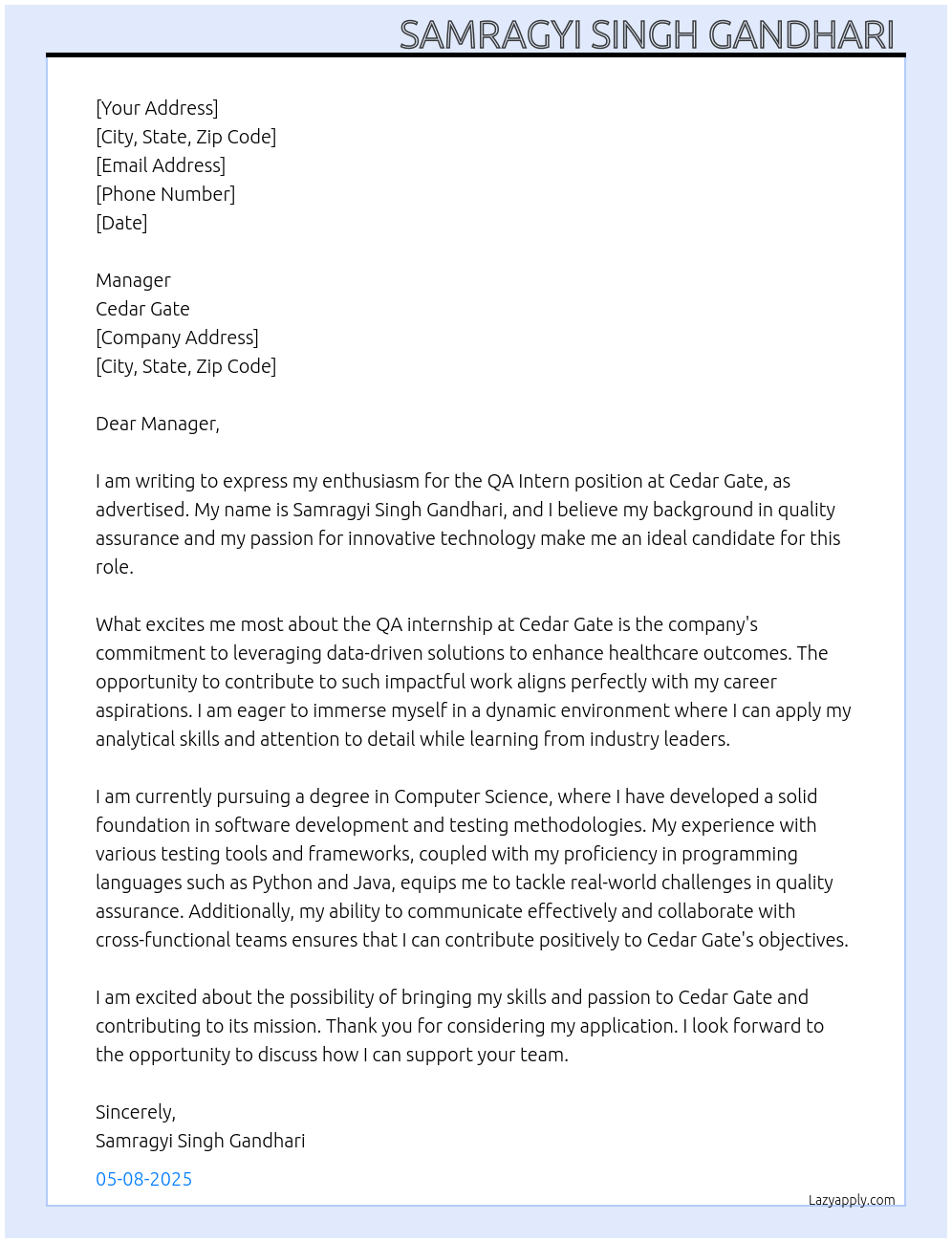 Cover letter for qa intern - LazyApply