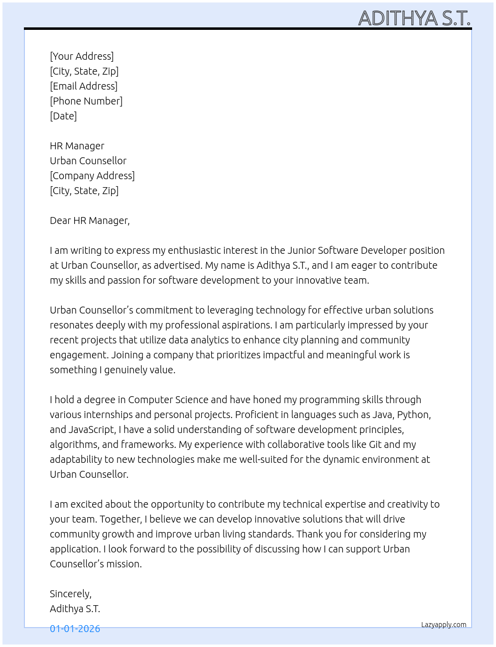 Cover letter for junior software developer - LazyApply