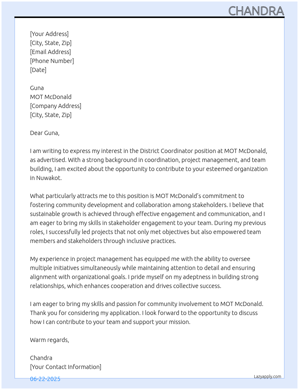 District Coordinator At MOT MaCDonald Cover Letter