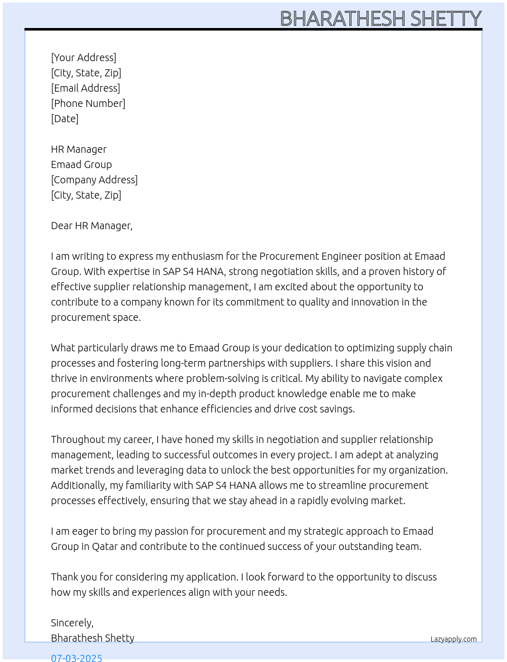 Procurement Engineer At Emaad Group Cover Letter