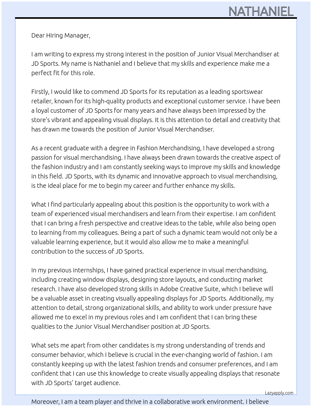 Junior Visual Merchandiser At JD sports  Cover Letter