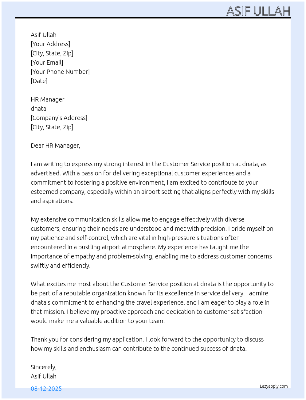 Customer service At dnata Cover Letter