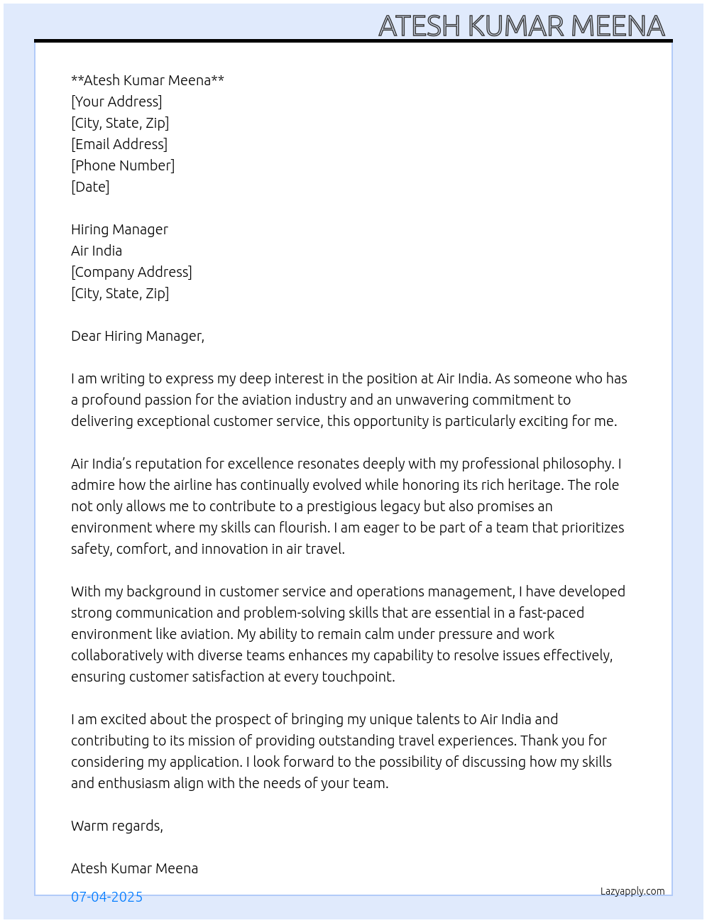 Air india At No Cover Letter