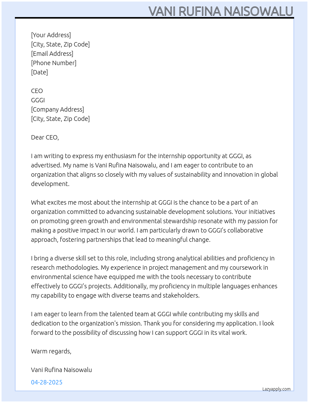 Internship At GGGI Cover Letter