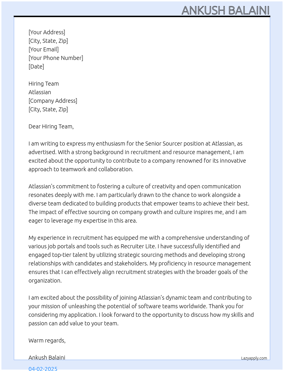 Senior Sourcer At Atlassian Cover Letter