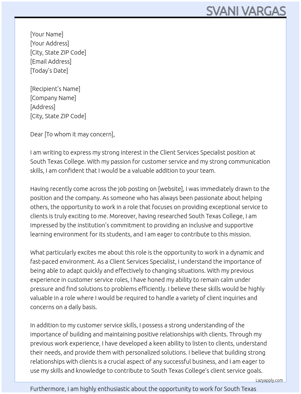 Client Services Specialist At South Texas College Cover Letter