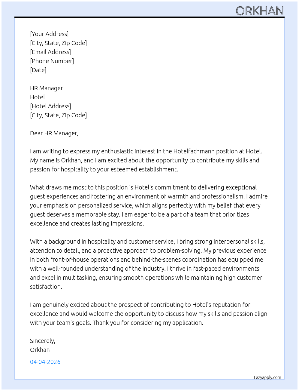 Hotelfachmann At hotel Cover Letter