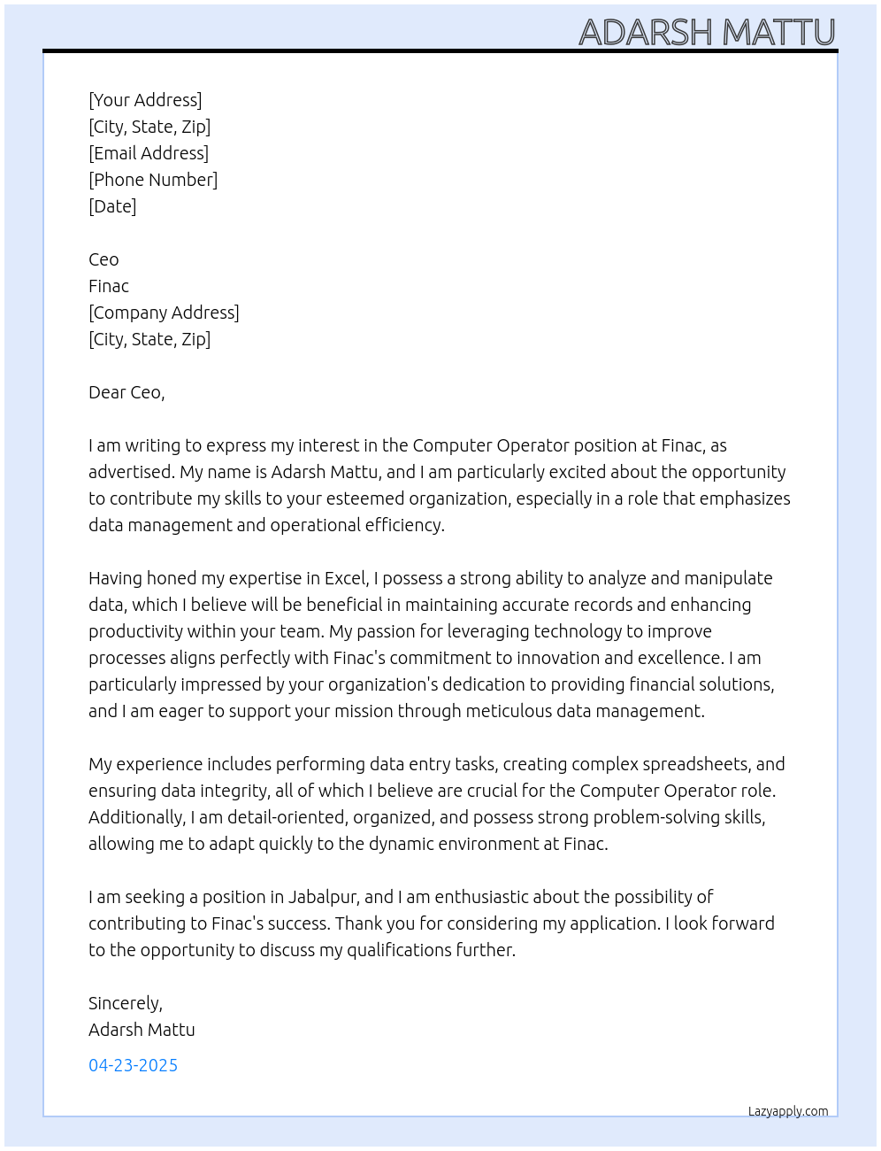 Computer operator At Finac Cover Letter