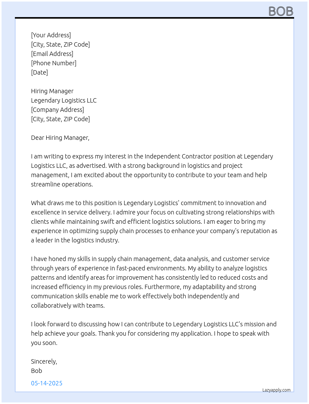 Cover letter for independent contractor - LazyApply