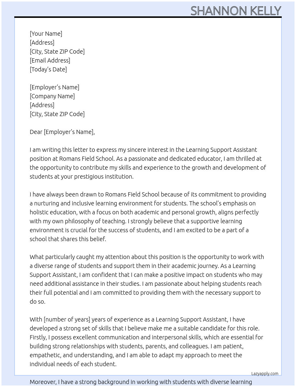 Learning Support Assistant At Romans Field School Cover Letter