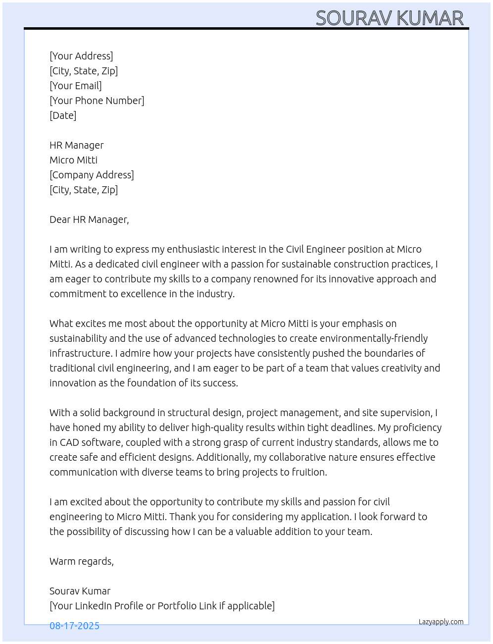 Civil Engineer At Micro Mitti Cover Letter