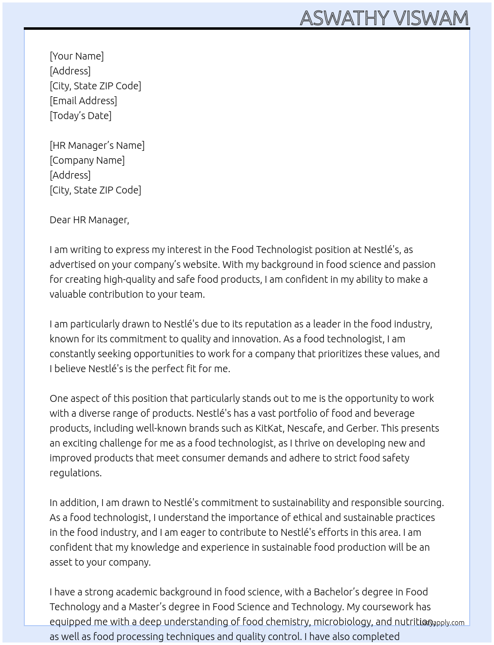 Food technologist  At Nestlé's  Cover Letter