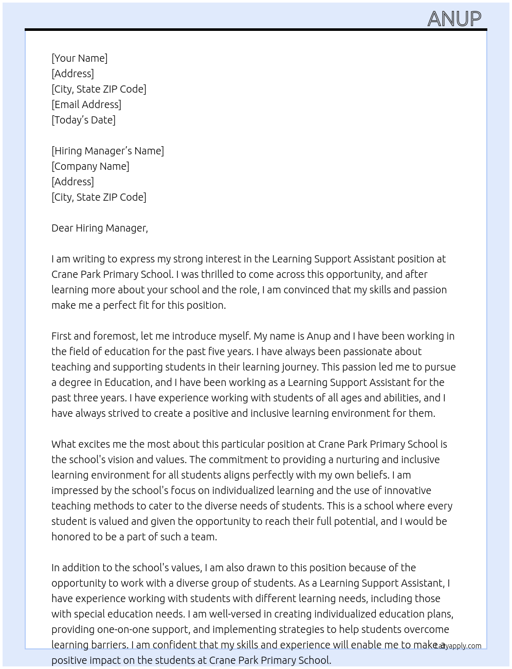 learning Support Assistant At Crane Park Primary School Cover Letter