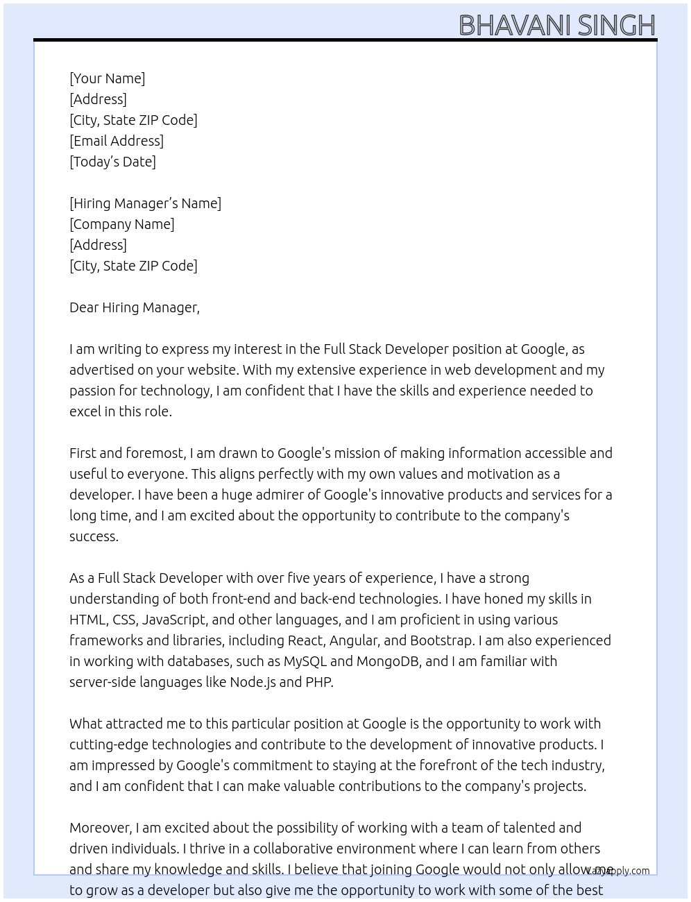 Full Stack Developer At Google Cover Letter