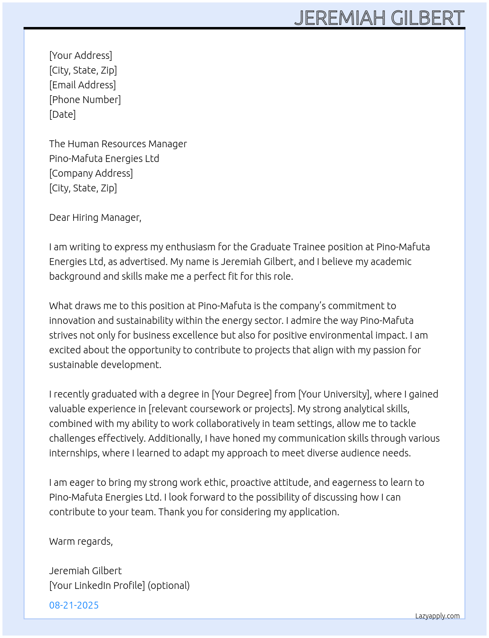  graduate Trainee position At Pino-Mafuta Energies Ltd Cover Letter