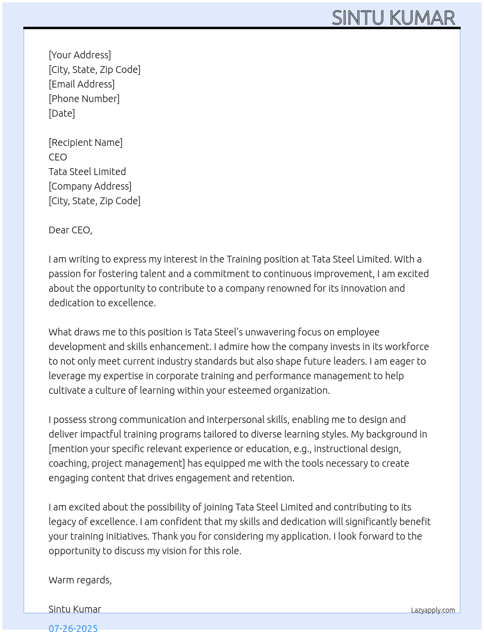 Training At Tata Steel limited  Cover Letter