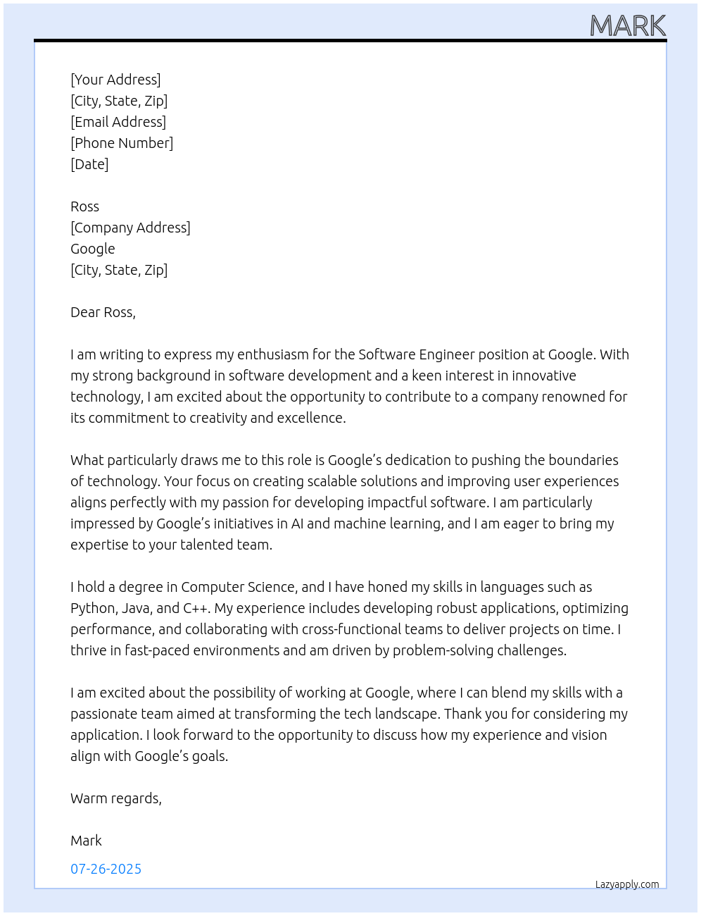 Software Engineer At Google Cover Letter