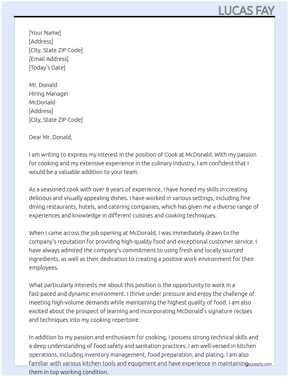 cook At McDonald Cover Letter