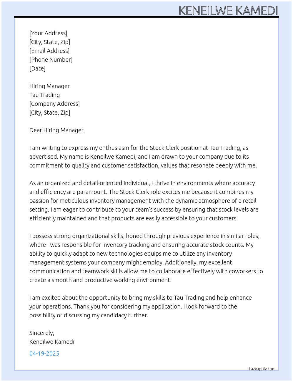Cover letter for stock clerk - LazyApply