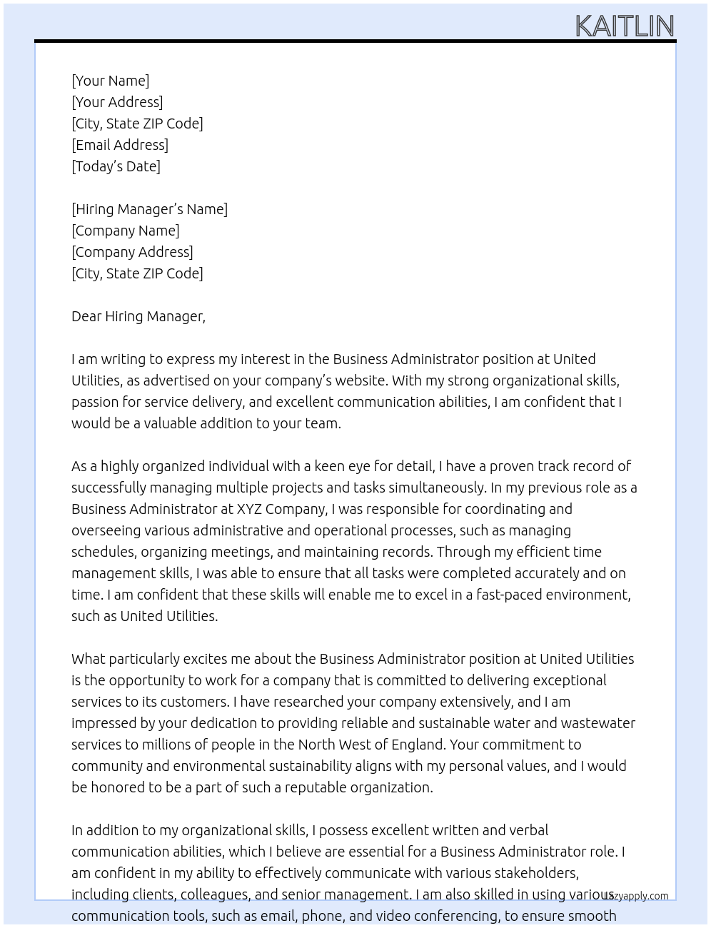 Business Administrator At United Utilities Cover Letter