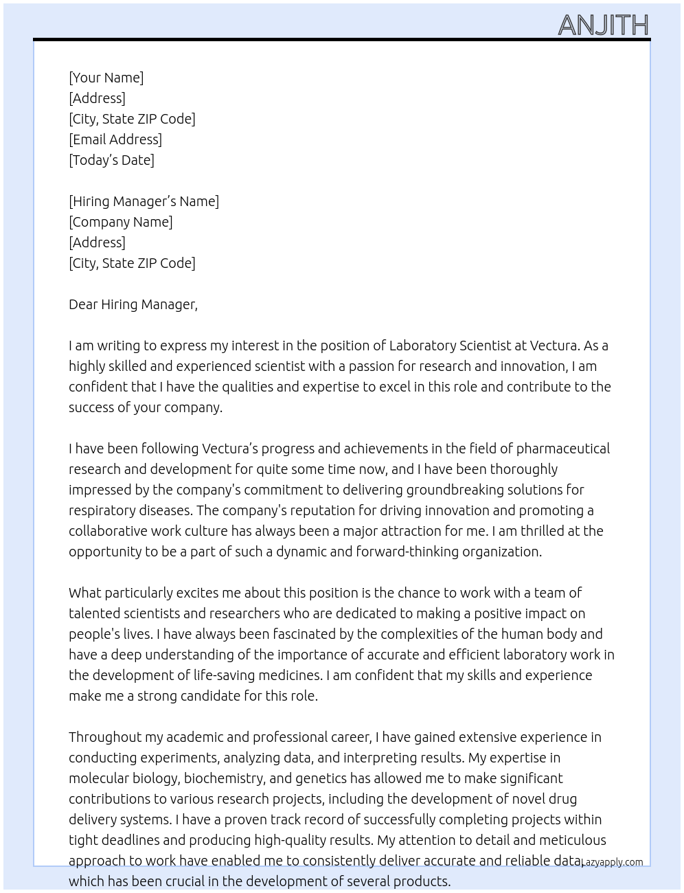 Laboratory Scientist  At Vectura Cover Letter