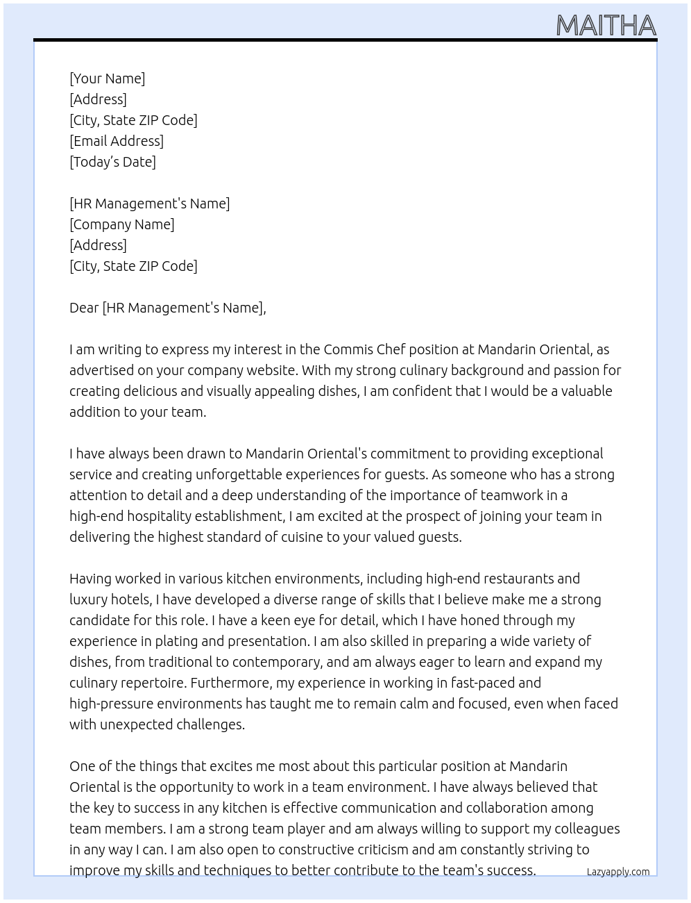 Commis chef At Mandarin oriental Cover Letter