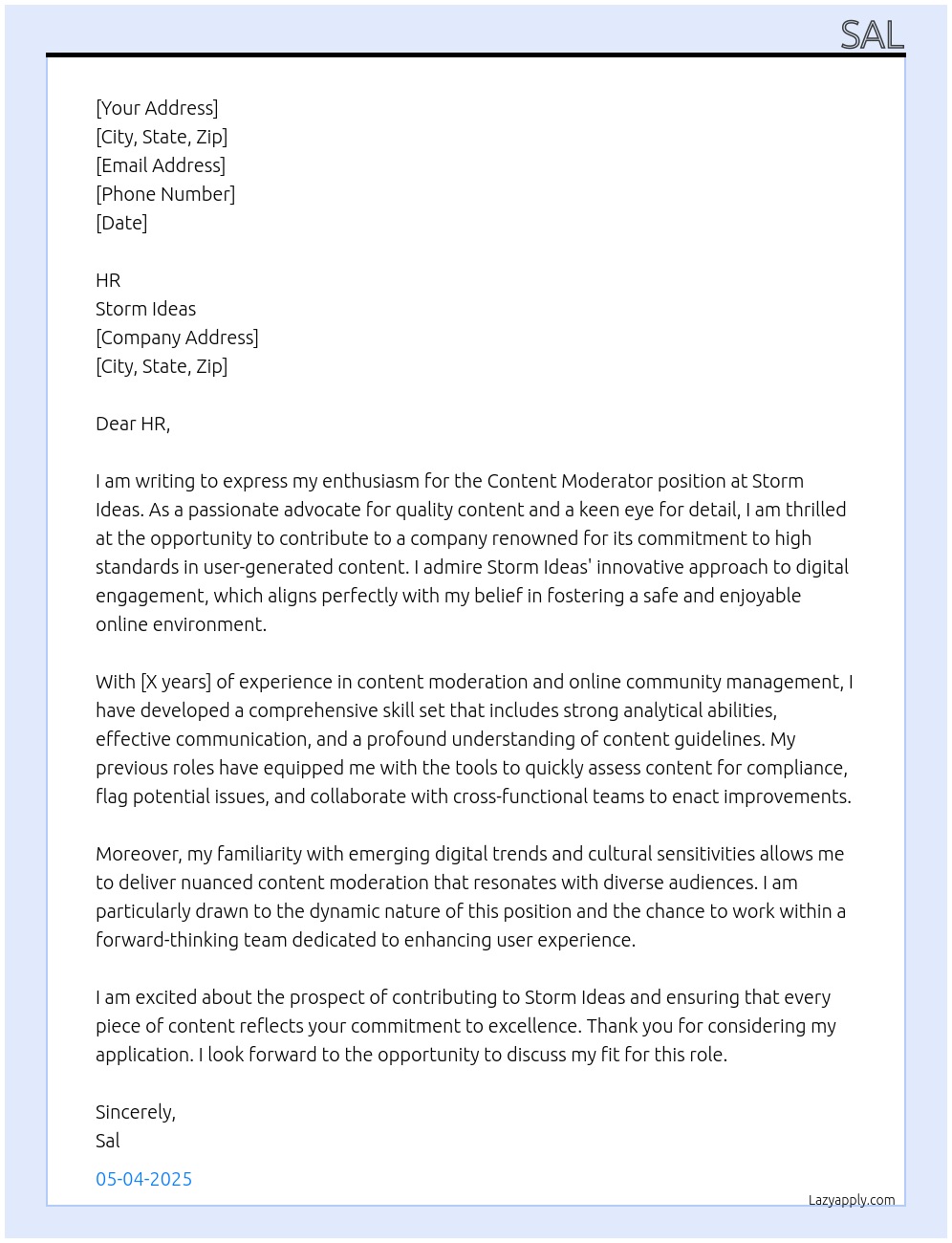 Content moderator At Storm ideas Cover Letter